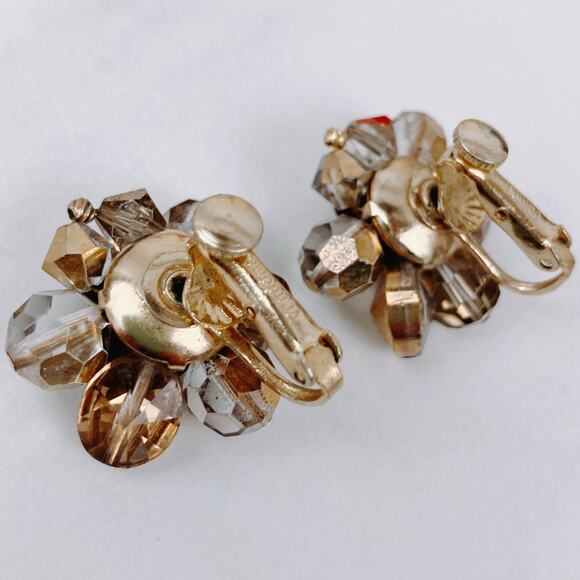 VTG Signed Vendome Mid Century Gold Tone Glass Bead Clip On Earrings 50s Cluster - Picture 6 of 10
